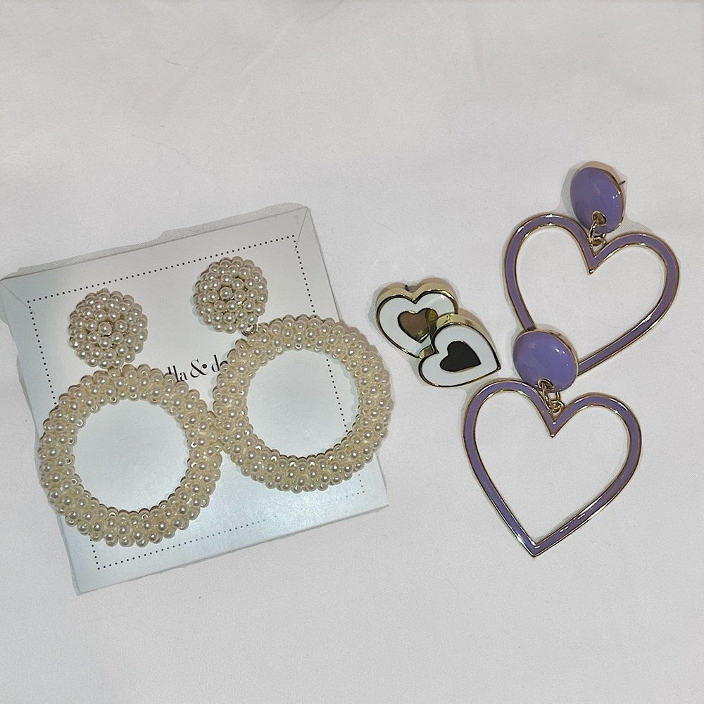 Statement Earrings ~ Stella&Dot pearl hoops,  gold & color heart earrings